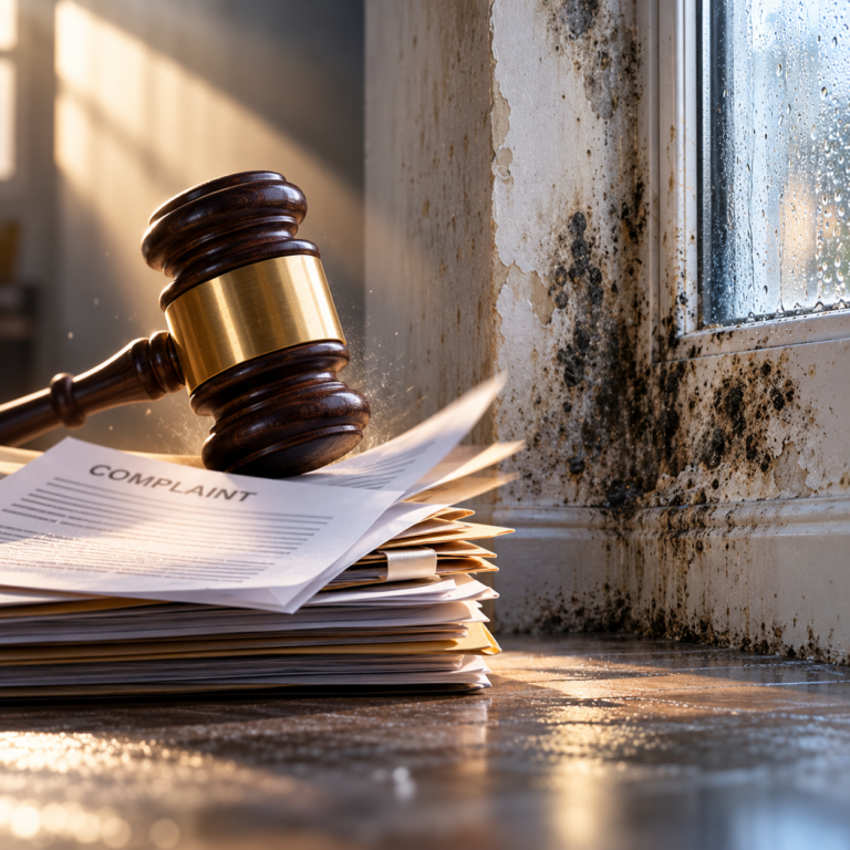 Gavel and complaint documents beside mould and damp damage in a rental property