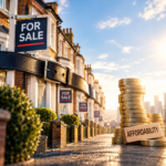 For sale signs, tightening belt and coins illustrate rental supply shortages and affordability pressures