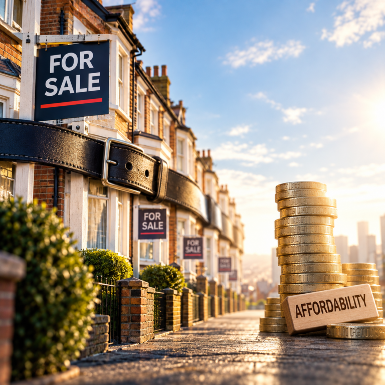 For sale signs, tightening belt and coins illustrate rental supply shortages and affordability pressures