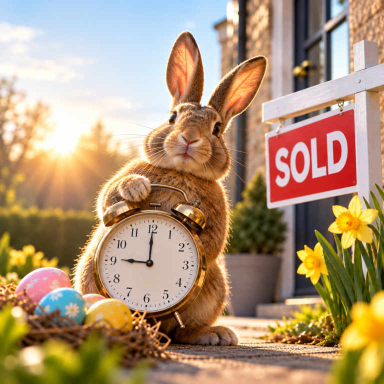 Easter bunny with a clock and sold sign illustrating the deadline facing landlords who want to sell before Easter.