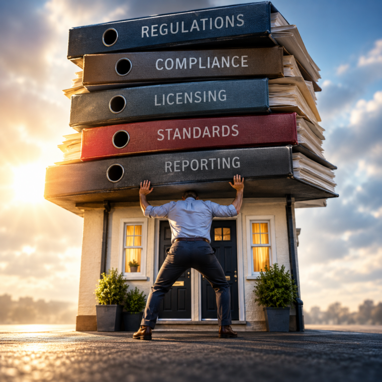 Landlord supporting folders labelled regulations, compliance, licensing, standards and reporting