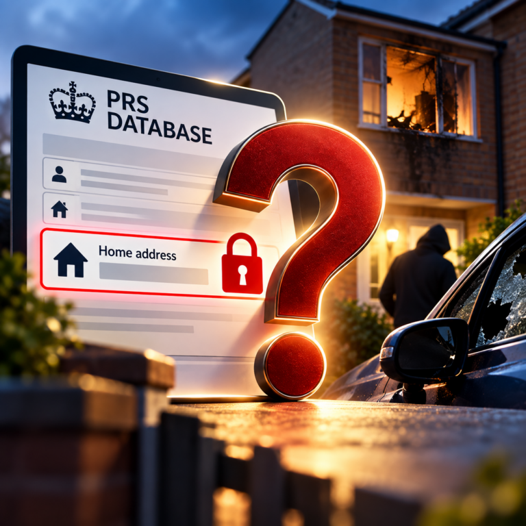 PRS landlord database and home address privacy concerns illustrated alongside a vandalised rental property