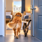 Dog and cat entering pet-friendly temporary accommodation, reflecting government guidance on keeping pets with residents.