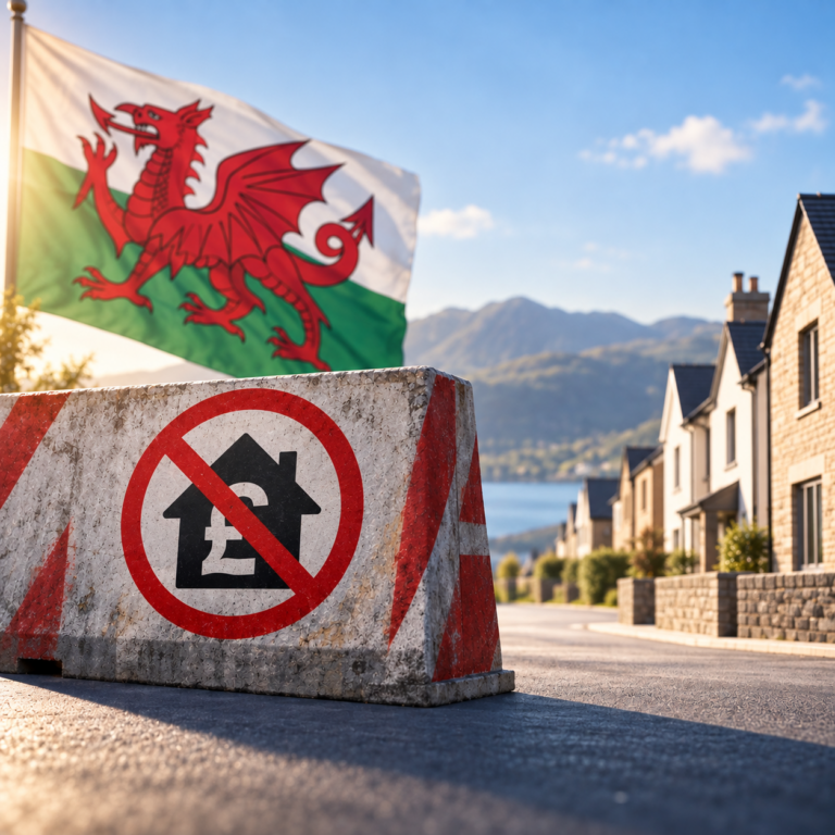 Welsh flag and housing barrier illustrating concerns over rent controls and property investment in Wales
