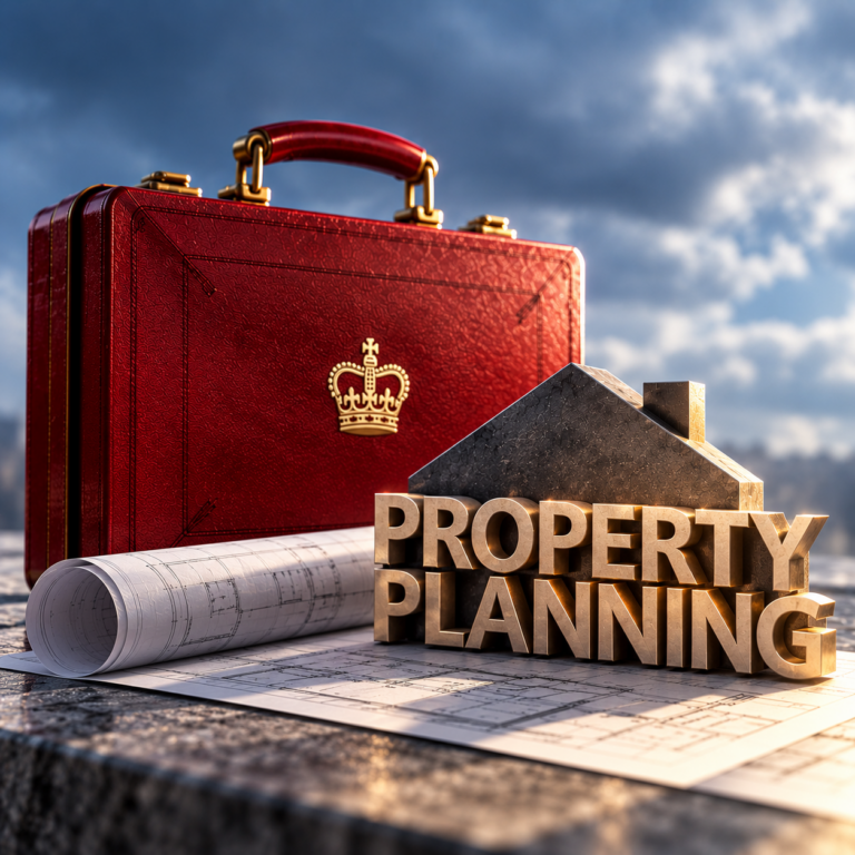 Red Budget briefcase beside property plans, representing adaptable UK landlord tax and property planning.
