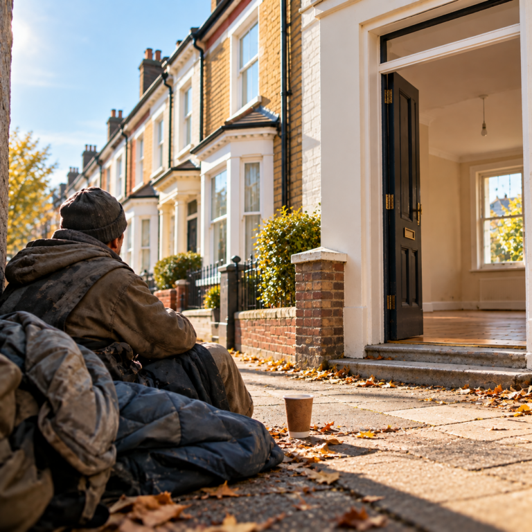 Person experiencing homelessness sits outside an empty home, highlighting calls to bring vacant properties back into use.