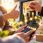 Tenant gives a five-star landlord rating while receiving house keys outside a rental property.