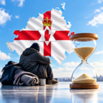 Person facing homelessness beside a Northern Ireland map and hourglass representing the proposed 60-day support period.