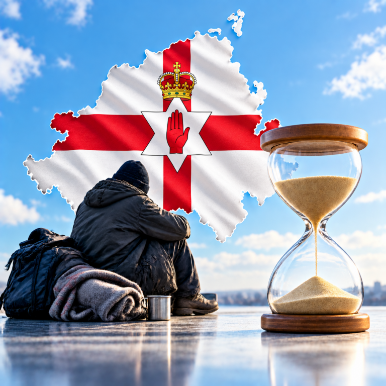 Person facing homelessness beside a Northern Ireland map and hourglass representing the proposed 60-day support period.