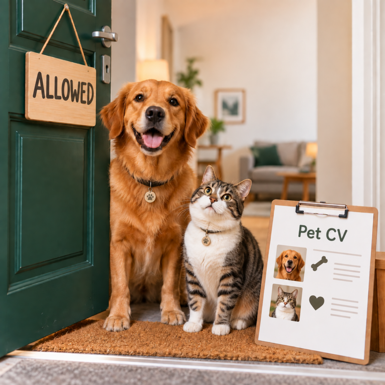 Dog and cat at a rental property entrance beside a pet CV, illustrating pet-friendly tenancies
