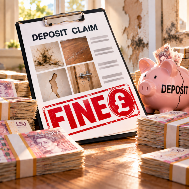 Clipboard showing a landlord deposit claim and fine, surrounded by cash and a cracked deposit piggy bank.