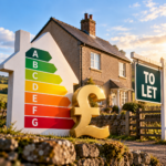 Rural rental home with EPC rating scale, pound symbol and To Let sign highlighting upgrade costs
