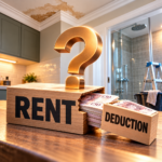Rent deduction question illustrated with £50 notes beside completed kitchen and bathroom leak repairs