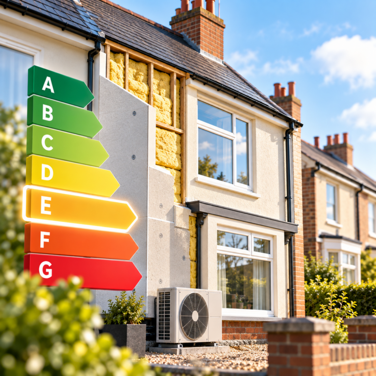 Rental home with insulation and heat pump alongside an EPC energy rating scale