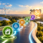 Road to 2030 with renewable energy and home efficiency symbols representing rental property upgrades