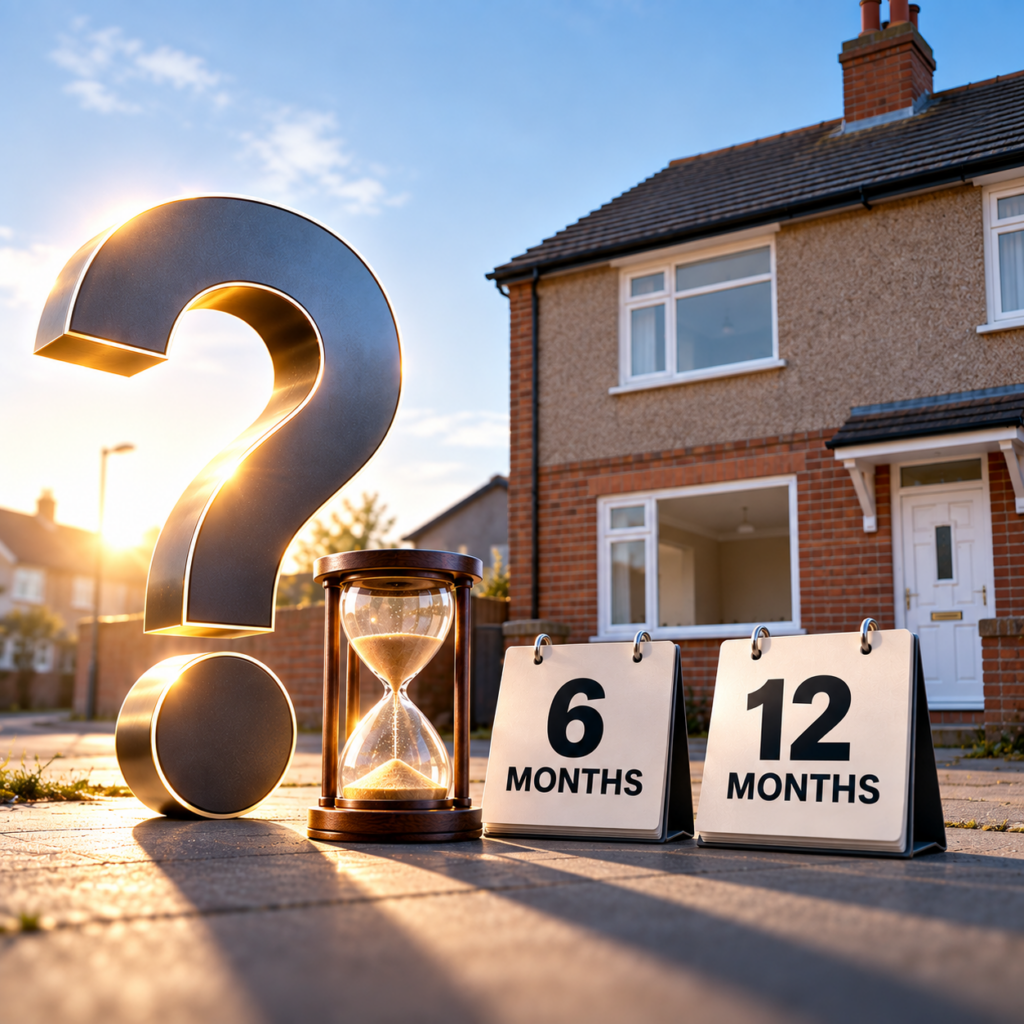 Empty rental home with hourglass and six- and 12-month calendars illustrating new rules on vacant properties