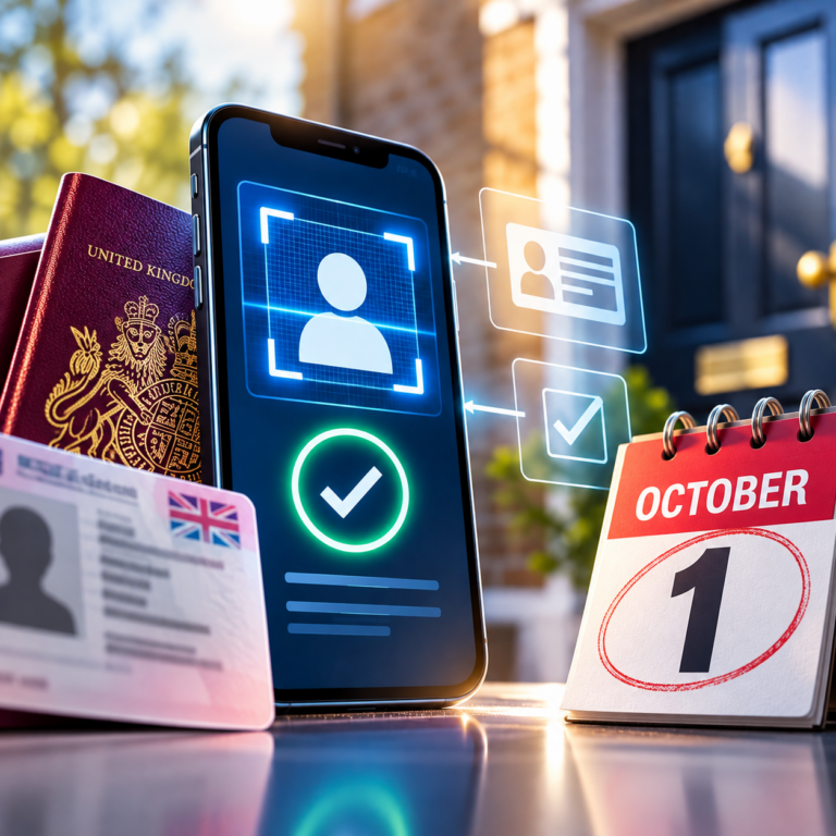 Smartphone verifying a tenant’s identity for a digital Right to Rent check alongside UK documents