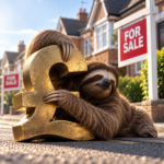 Sloth hugging a pound symbol beside UK homes for sale, illustrating a slowing property market
