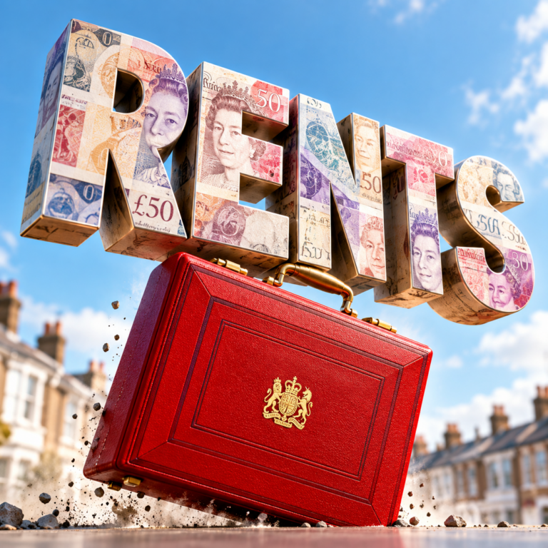 UK Budget briefcase beneath rising rents lettering made from pound notes