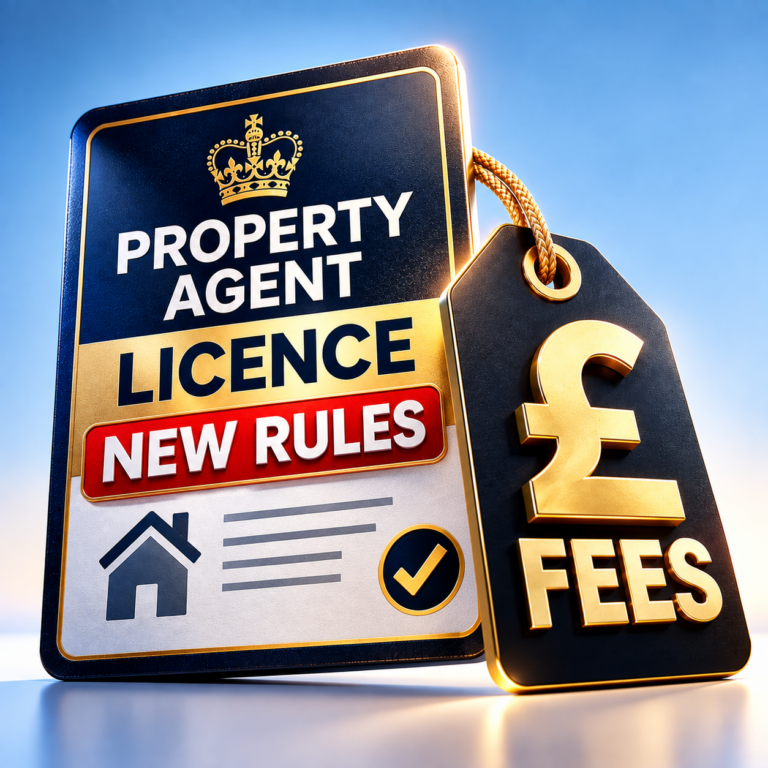 Property agent licence and pound fee tag illustrating new leasehold regulation and fee caps