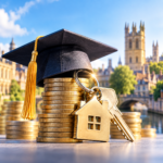Graduation cap, coins and house keys representing student property investment and landlord yields