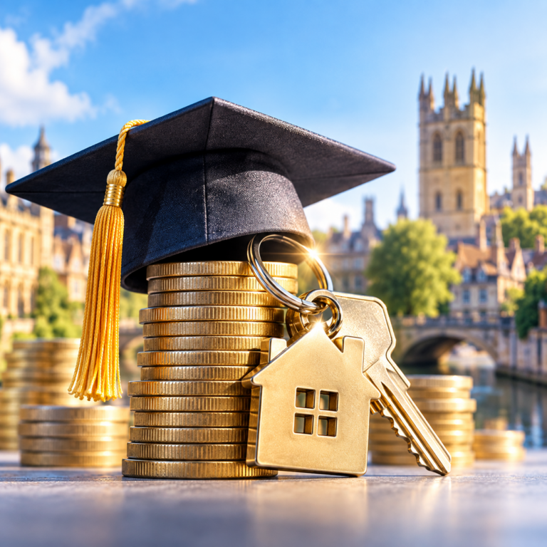 Graduation cap, coins and house keys representing student property investment and landlord yields