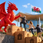 Welsh landlords climb housing blocks toward a red dragon, symbolising investment challenges in the rental sector.