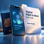 Smartphone identity check beside a UK passport and Digital Right to Rent service record