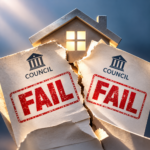 Cracked council notices marked “FAIL” in front of a house, representing serious social housing failings