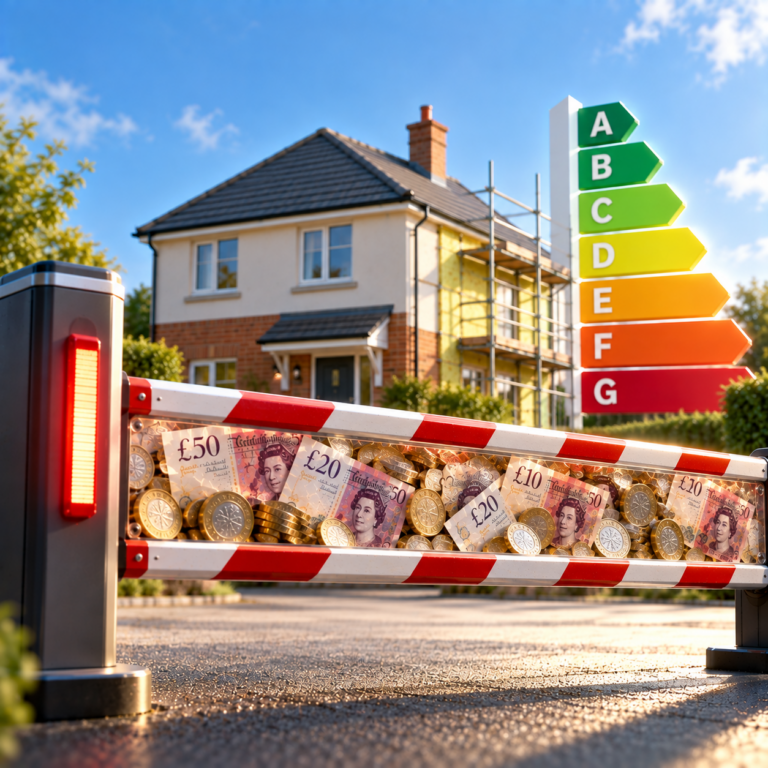 Landlord property with EPC ratings and a cost barrier representing the expense of energy efficiency upgrades
