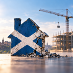 Crumbling Scotland house symbol beside a construction site illustrating the sharp decline in housebuilding