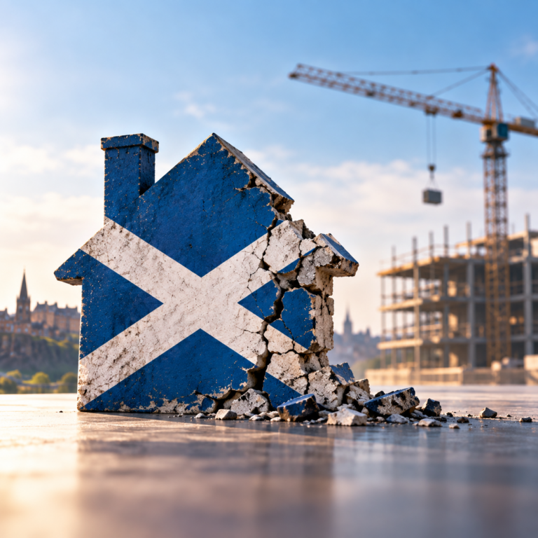 Crumbling Scotland house symbol beside a construction site illustrating the sharp decline in housebuilding