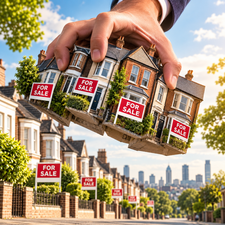 Multiple UK rental properties for sale, illustrating a landlord selling several homes with different strategies.