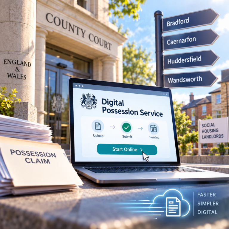 Laptop showing the Digital Possession Service for county court possession claims in England and Wales