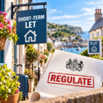 Short-term let sign beside UK regulation paperwork, illustrating plans for a mandatory property register
