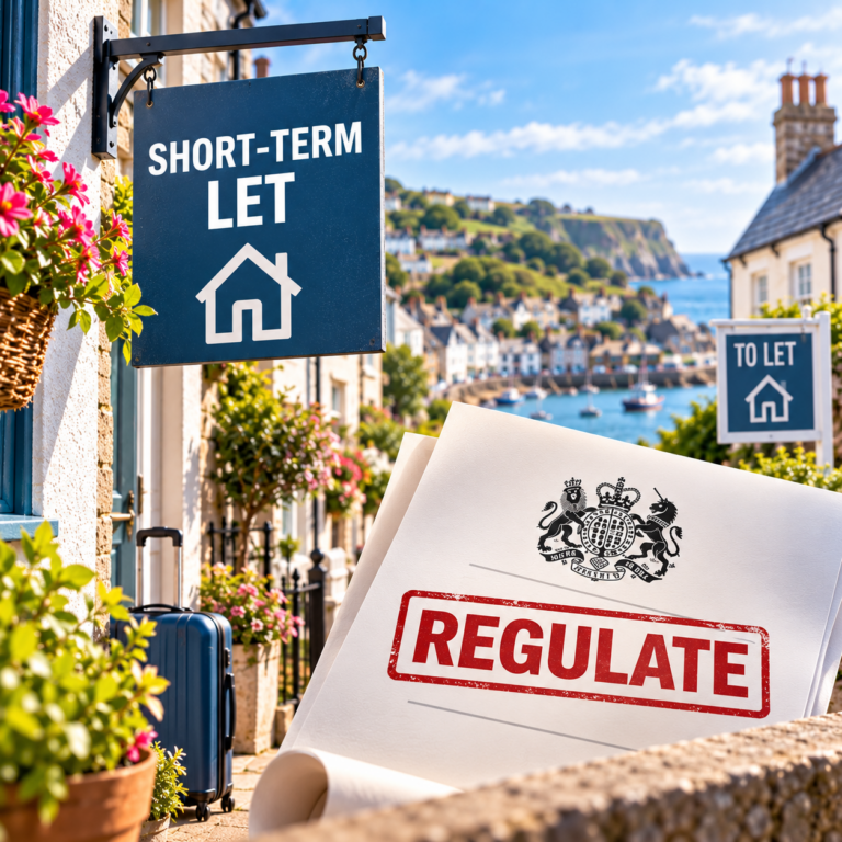 Short-term let sign beside UK regulation paperwork, illustrating plans for a mandatory property register