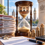 Hourglass, possession claim papers and rising legal costs illustrating delays faced by landlords