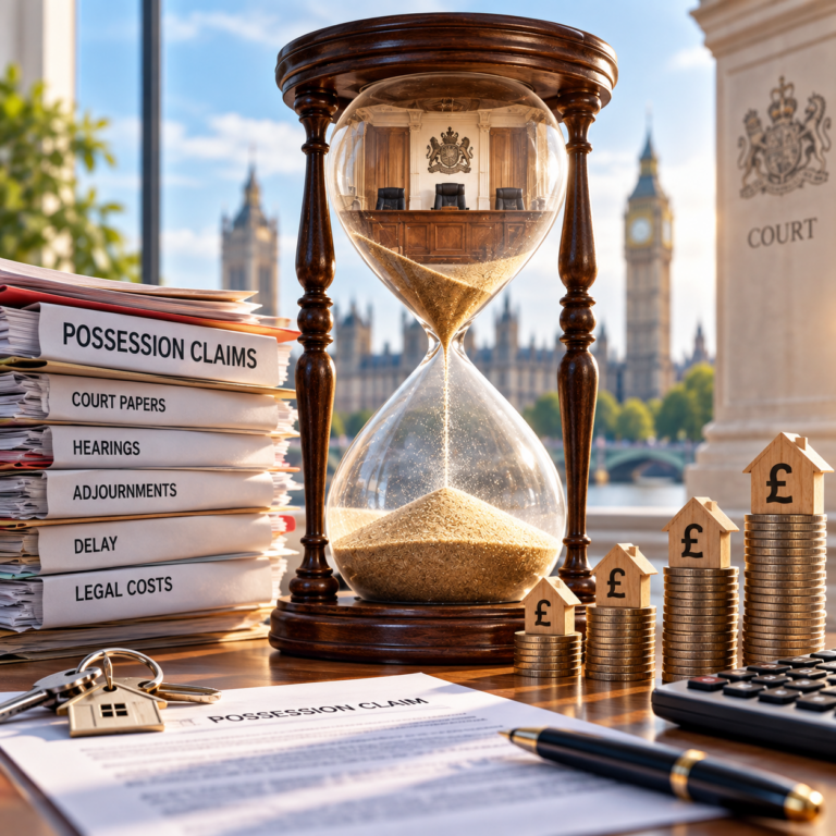 Hourglass, possession claim papers and rising legal costs illustrating delays faced by landlords