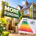 EPC certificate, funding sign and coins highlighting support for energy-efficient rental home improvements