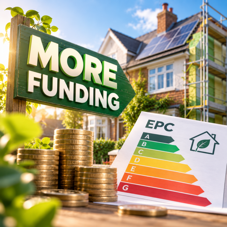 EPC certificate, funding sign and coins highlighting support for energy-efficient rental home improvements