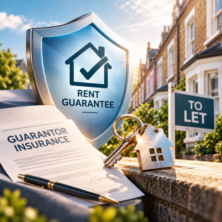 Rent guarantee shield, guarantor insurance document and house keys representing council-backed tenant support
