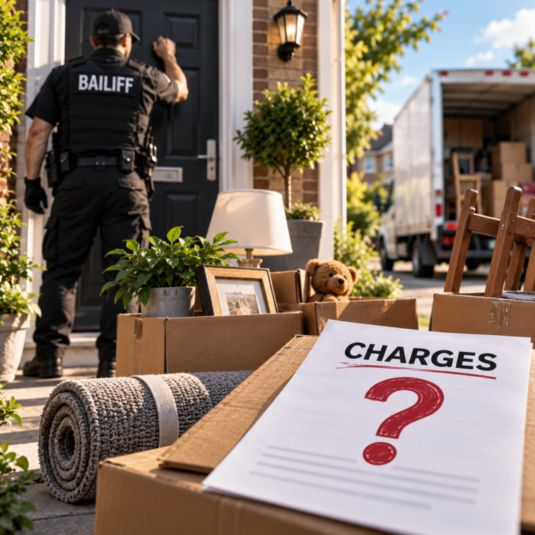 Bailiff at a property with removal boxes, illustrating a disputed eviction appointment and additional warrant fees.