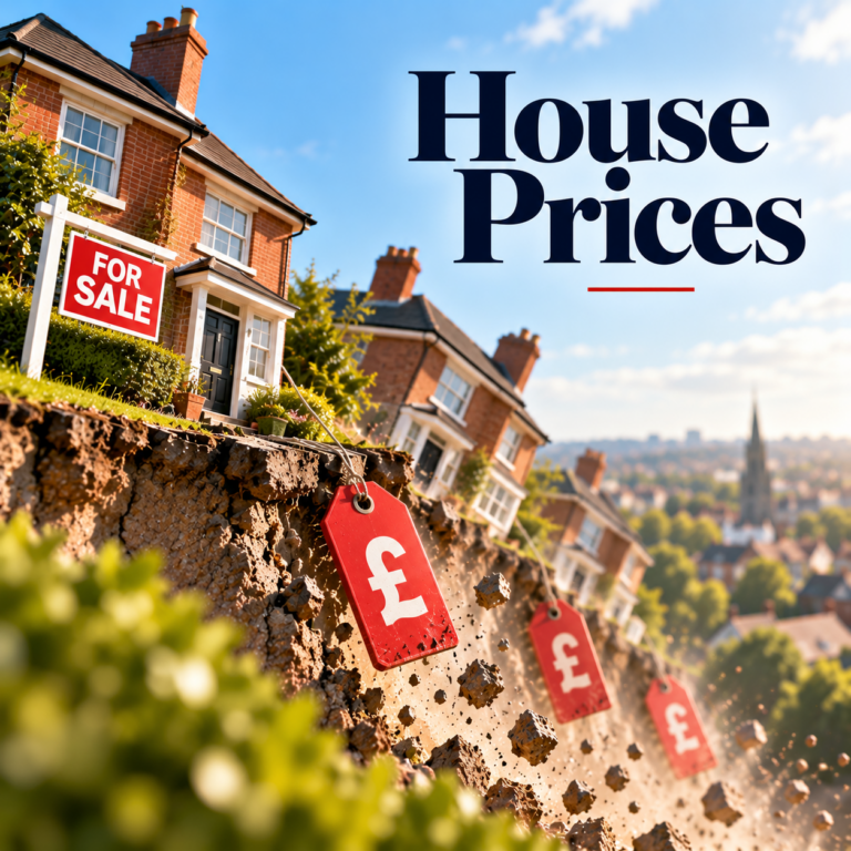 UK house for sale with falling price tags illustrating the decline in average house prices