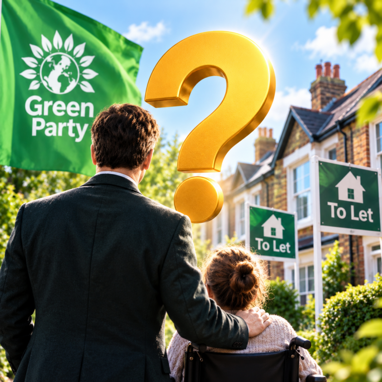 Green Party flag, family and rental homes illustrating questions over limited company BTL mortgages