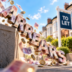 Rent arrears represented by pound notes and coins beside a residential To Let sign