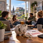 Edinburgh flatsharers discuss finances beside a broken piggy bank highlighting a rent shortfall