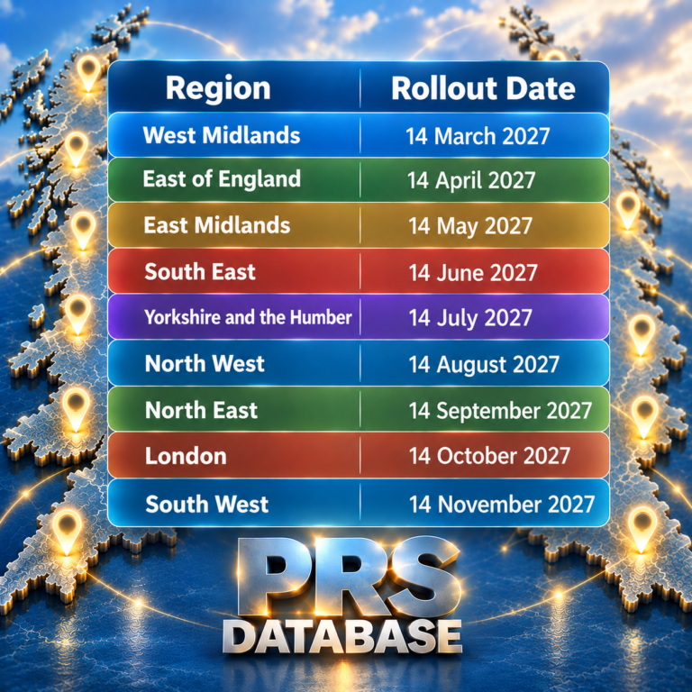 PRS Database regional registration deadlines across England from March to November 2027