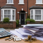 Calculator, house keys, pound coins and a growing pile of bills outside a British terraced house.