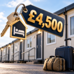 Property keys with a £4,500 price tag outside temporary housing, highlighting asylum accommodation rental payments.