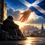 Person experiencing homelessness in Edinburgh beneath a Scottish flag, symbolising efforts to tackle rough sleeping.